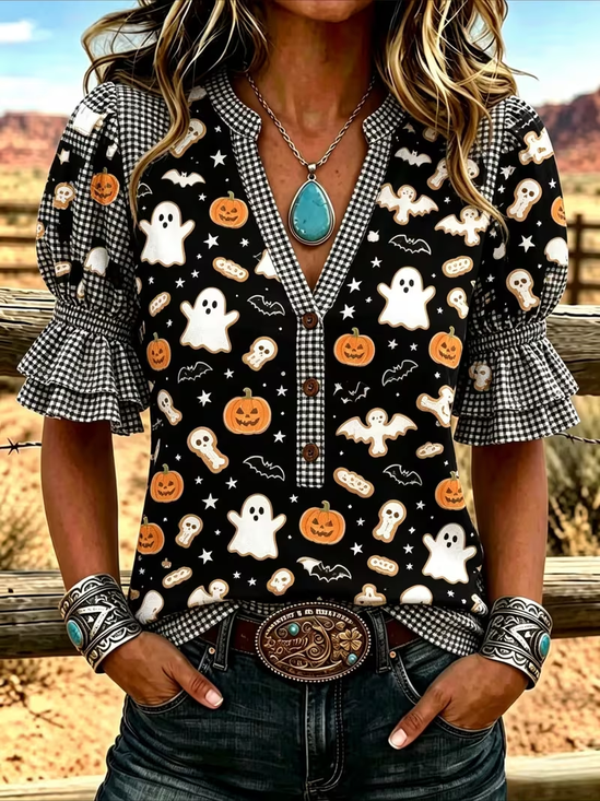 Women's Half Sleeve Shirt Summer Black Halloween Printing V Neck Daily Going Out Vintage Top