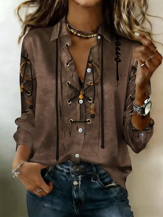 Women's Long Sleeve Shirt Spring/Fall Brown Abstract Buckle Shirt Collar Regular Sleeve Daily Going Out Casual Top