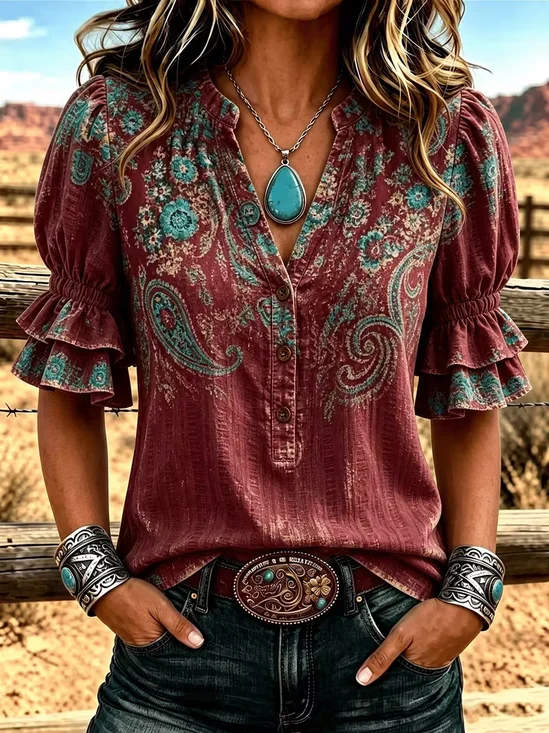 Women's Half Sleeve Shirt Summer Wine Red Paisley Printing V Neck Daily Going Out Vintage Top