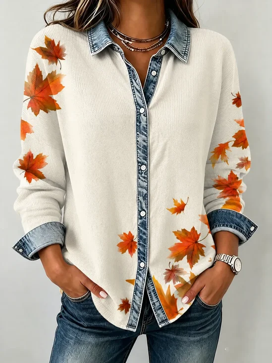 Women's Long Sleeve Shirt Spring/Fall Apricot Maple Leaf Buckle Shirt Collar Regular Sleeve Daily Going Out Casual Top