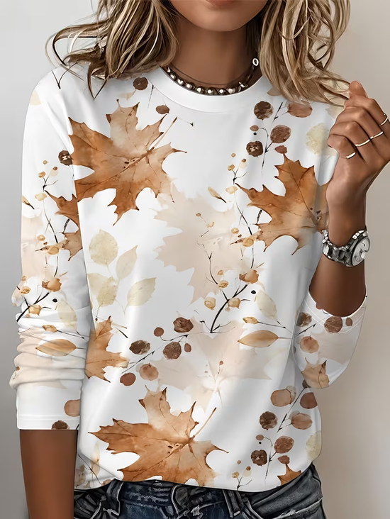 Women's Long Sleeve T-shirt Spring/Fall White Maple Leaf Printing Jersey Crew Neck Daily Going Out Casual Top