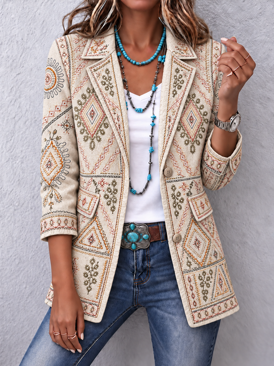 Geometric Regular Fit Vintage Lapel Collar Jacket