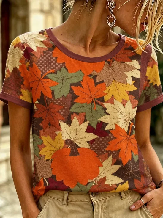 Maple Leaf Crew Neck Elegant Regular Fit T-Shirt