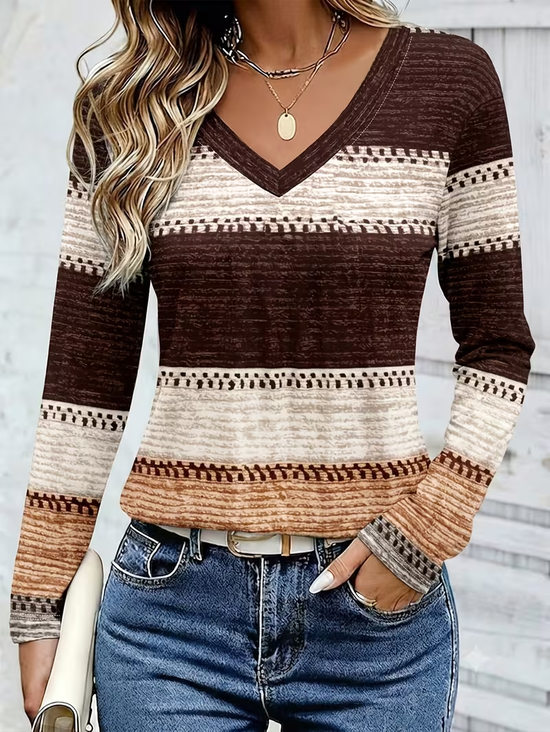 Women's Long Sleeve T-shirt Spring/Fall Brown Striped Printing Jersey V Neck Daily Going Out Casual Top