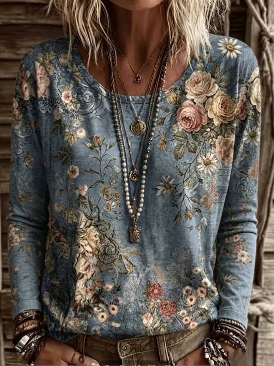 Women's Long Sleeve T-shirt Spring/Fall Blue Floral Printing Jersey Crew Neck Daily Going Out Casual Top
