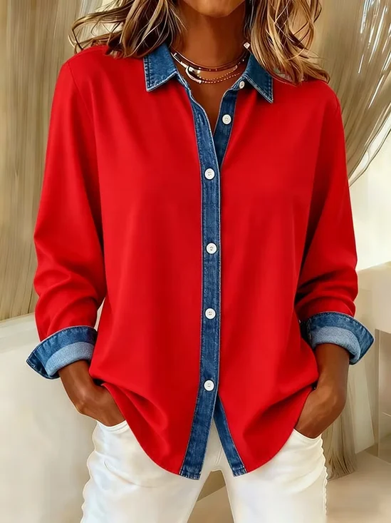Women's Long Sleeve Shirt Spring/Fall Red Faux Denim Print Graphic Buckle Shirt Collar Regular Sleeve Daily Going Out Casual Top