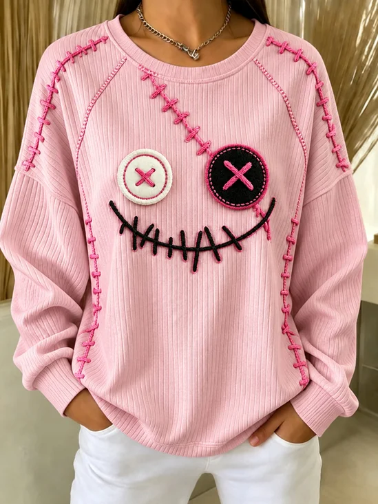 Halloween Fun Doll Face Graphic Crew Neck Sweatshirt