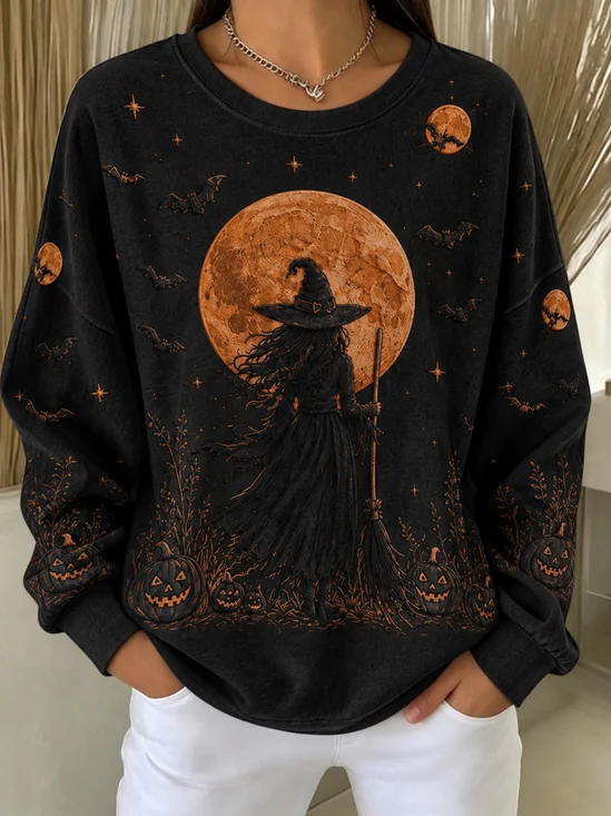 Witch Full‑Moon Graphic Casual Sweatshirt