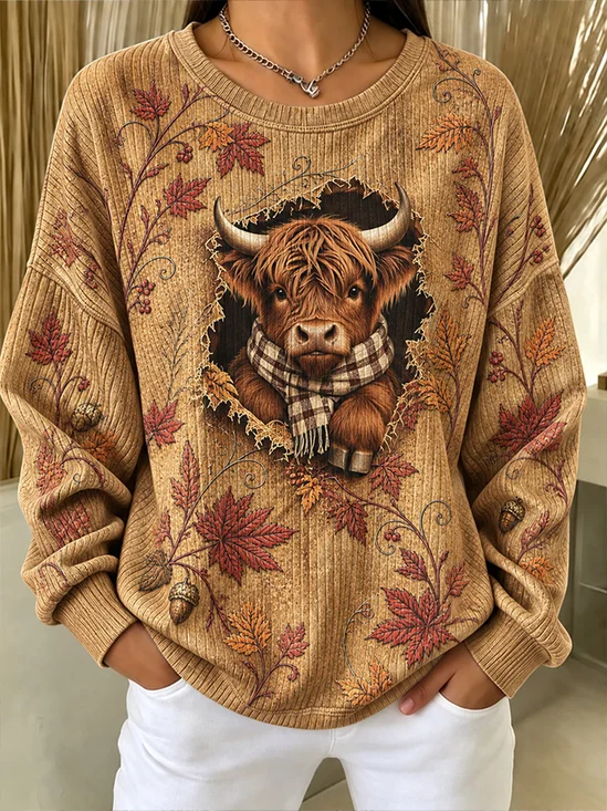 Highland Cow Plaid Scarf Autumn Crewneck Sweatshirt