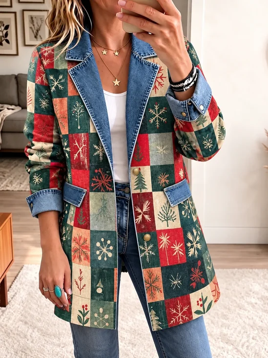 Lapel Collar Regular Fit Abstract Plaid Vintage Jacket