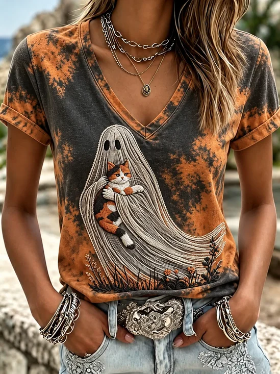 V Neck Casual Ghost Cat Graphic T-Shirt