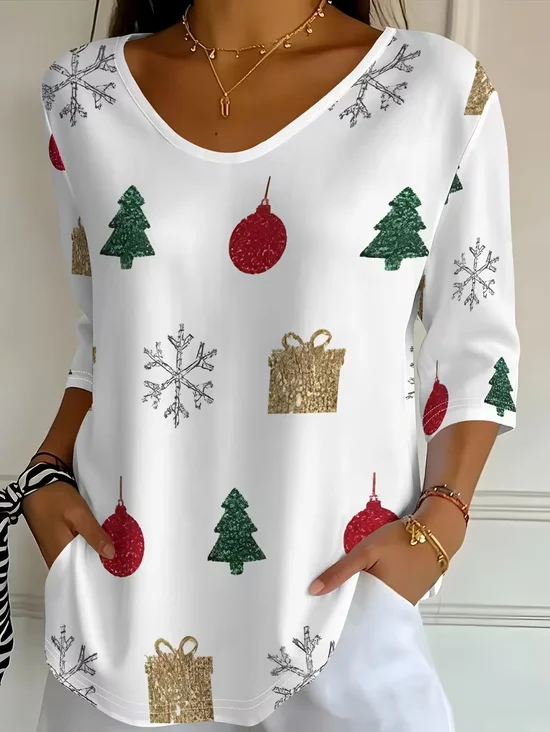 Women's Three Quarter Sleeve T-shirt Spring/Fall White Christmas Printing V Neck Daily Going Out Casual Top