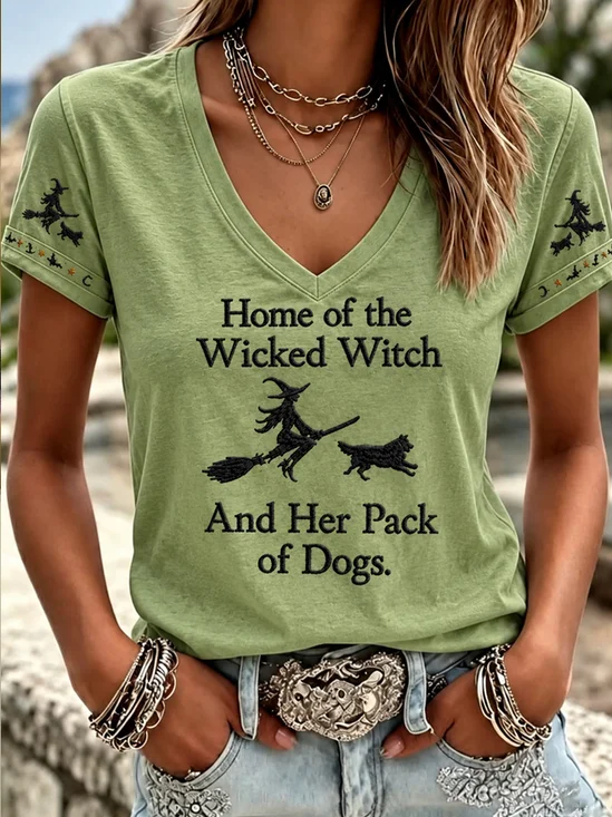 Witch & Dog Letter Print V‑Neck Short Sleeve T-Shirt