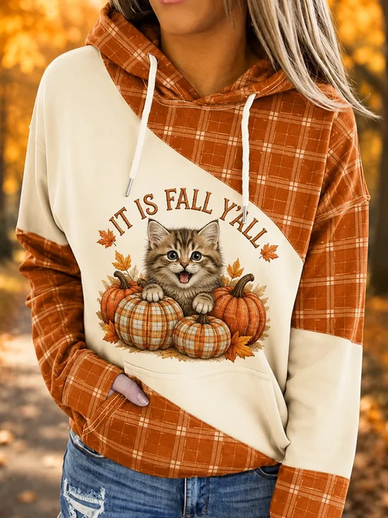 Plaid Spliced Kitten Pumpkin Graphic Hoodie