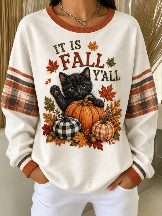 Black Cat Pumpkin Fall Plaid Crewneck Sweatshirt
