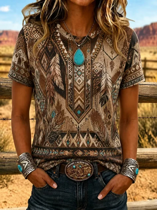 Women's Short Sleeve T-shirt Summer Brown Wild West Printing Crew Neck Daily Going Out Casual Top