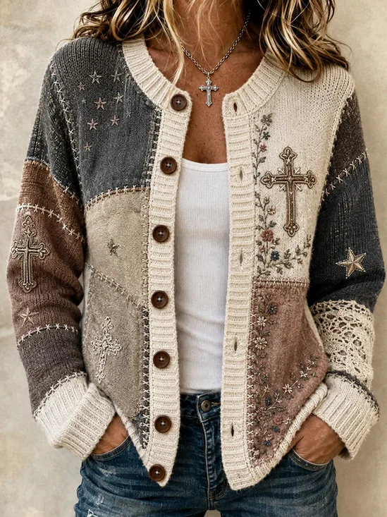 Color‑Block Cross Star Floral Vintage Cardigan