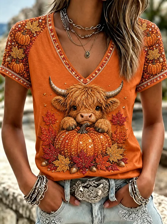 Highland Calf Pumpkin Maple V‑Neck Short Sleeve Tee