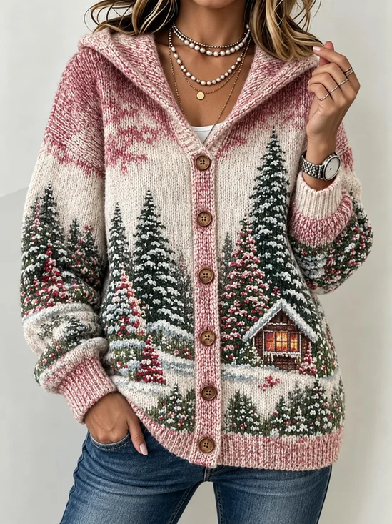 Snowy Pine Cabin Christmas Scene Hooded Cardigan