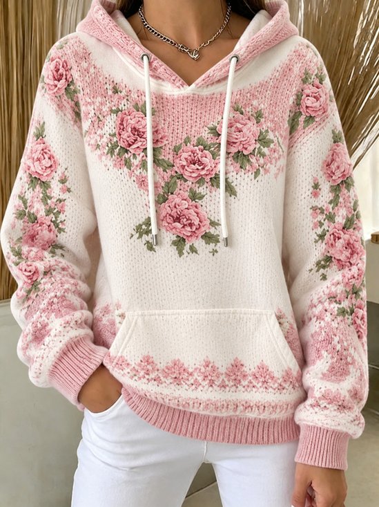 Rose Floral Print Color‑Block Hoodie