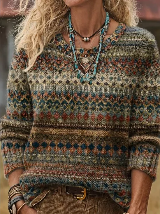Ethnic Regular Fit Crew Neck Simple Sweater