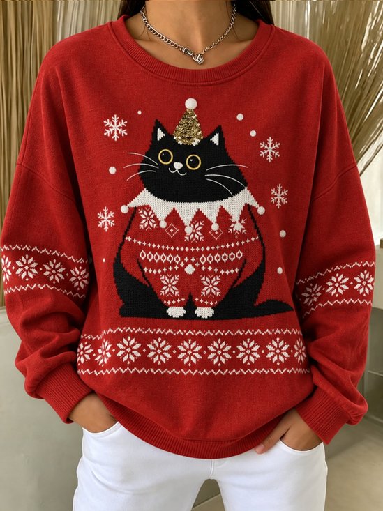 Black Cat Santa Hat Snowflake Crewneck Sweatshirt