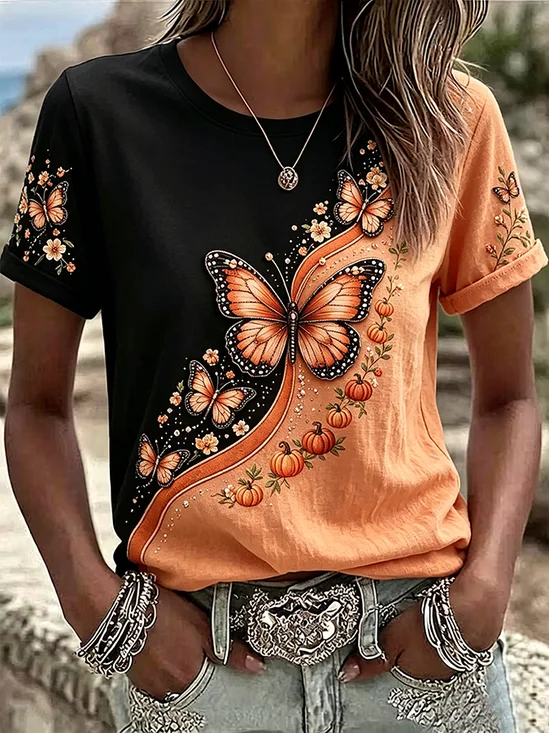 Women's Short Sleeve T-shirt Summer Orange Butterfly Printing Jersey Crew Neck Daily Going Out Casual Top