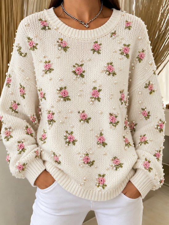 Rose Floral Pearl Accent Crewneck Sweatshirt