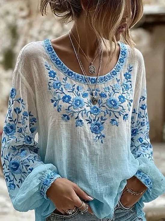 Women's Long Sleeve Blouse Spring/Fall Blue Floral Printing Crew Neck Daily Going Out Vintage Top