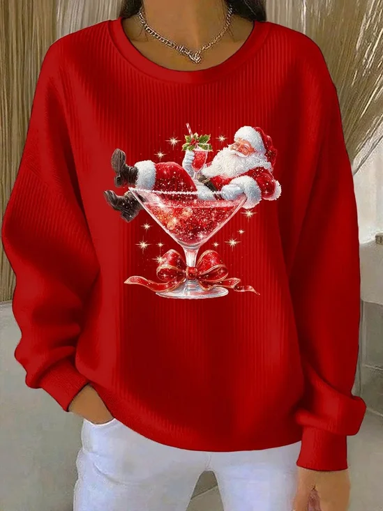 Casual Loose Christmas Wine Glass Crew Neck Sweatshirt
