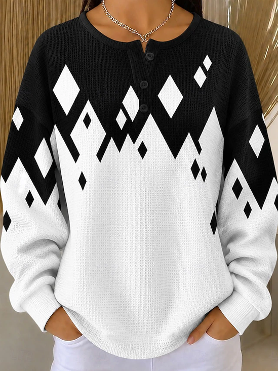 Simple Geometric Henley Collar Sweatshirt