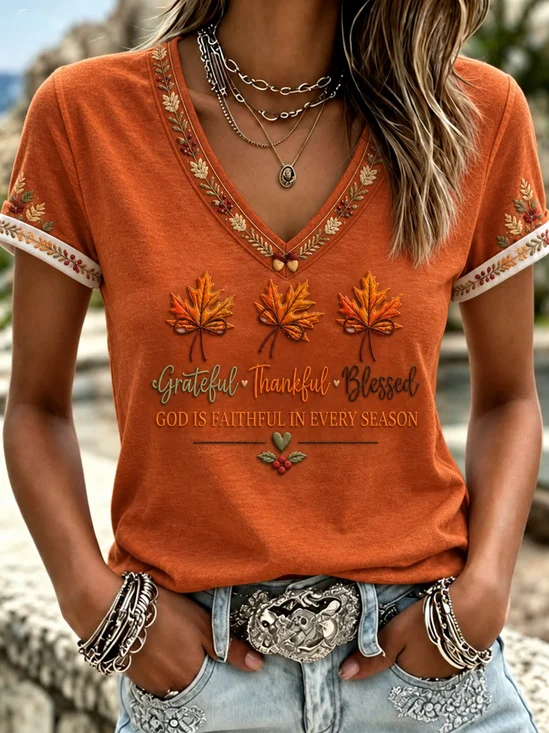 Maple Leaf V‑Neck Short Sleeve Tee