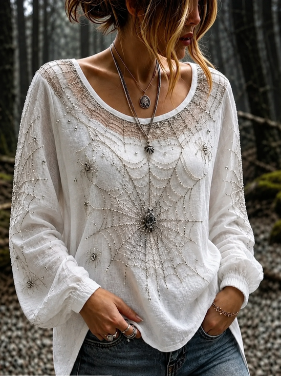 Women's Long Sleeve Blouse Spring/Fall White Halloween Printing Crew Neck Daily Going Out Vintage Top