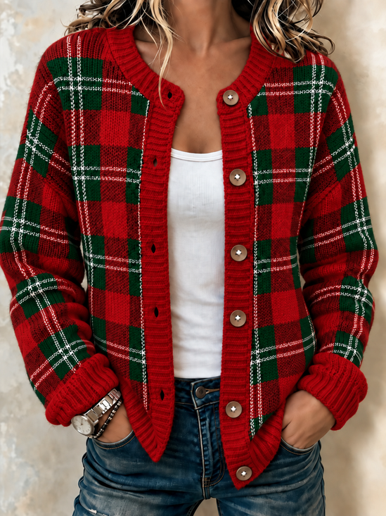Casual Crew Neck Plaid Cardigan