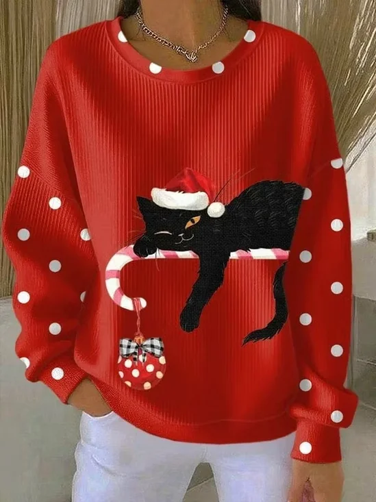 Crew Neck Casual Polka Dots Sweatshirt
