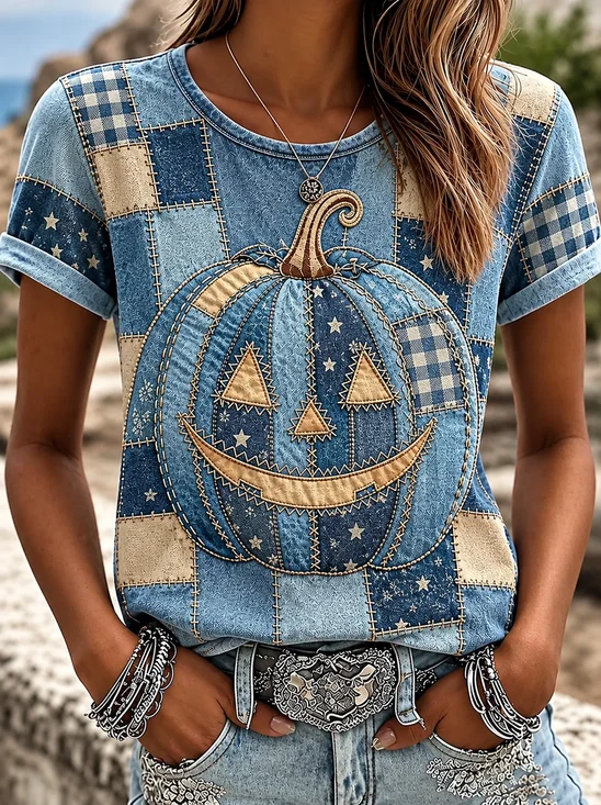 Women's Short Sleeve T-shirt Summer Blue Halloween (pumpkin) Printing Jersey Crew Neck Daily Going Out Casual Top
