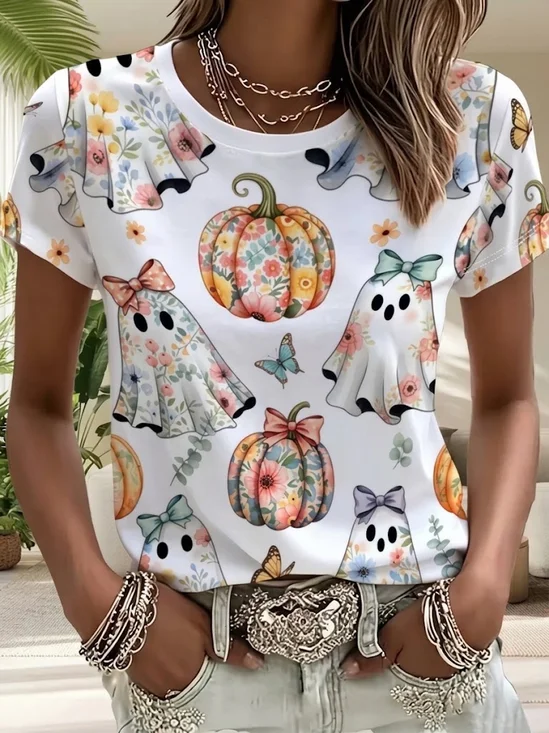 Women's Short Sleeve T-shirt Summer White Halloween Printing Jersey Crew Neck Daily Going Out Casual Top