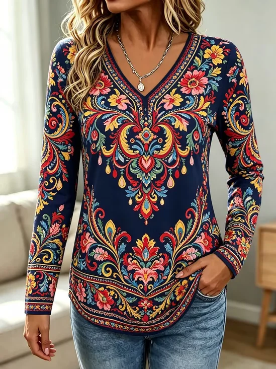 Women's Long Sleeve T-shirt Spring/Fall Deep Blue Wild West Printing Jersey V Neck Daily Going Out Casual Top