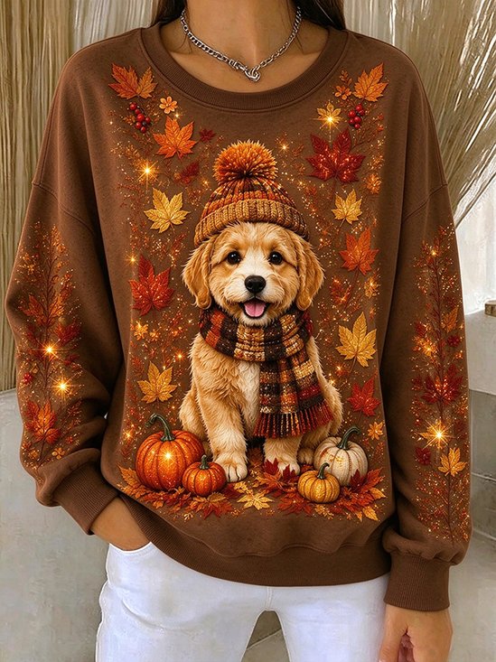 Cute Puppy Fall Maple Print Sweatshirt