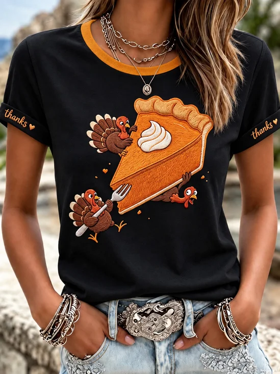 Cute Turkey Pumpkin Pie Graphic Casual T-Shirt