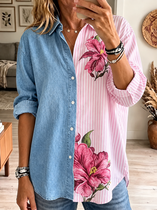 Women's Long Sleeve Shirt Spring/Fall As Picture Striped Buckle Shirt Collar Regular Sleeve Daily Going Out Casual Top