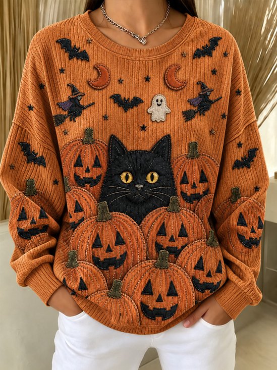 Halloween Black Cat Pumpkin Print Sweatshirt