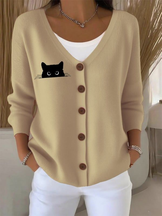 Casual Cat V Neck Loose Cardigan