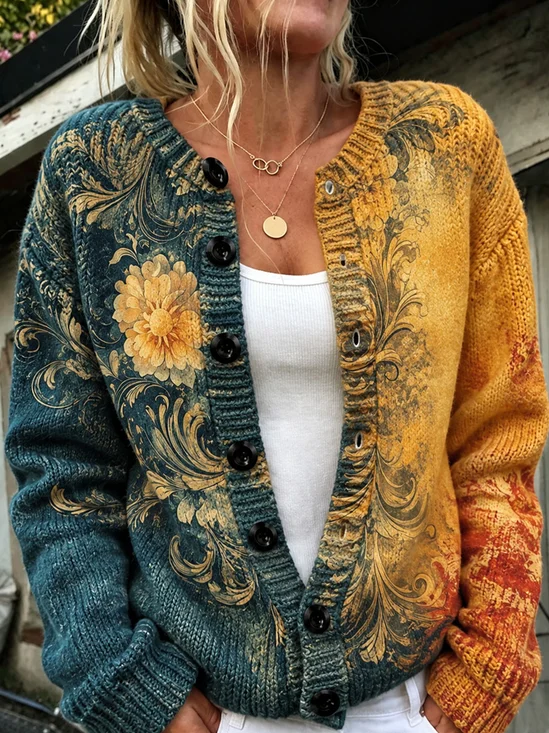 Floral Crew Neck Casual Cardigan