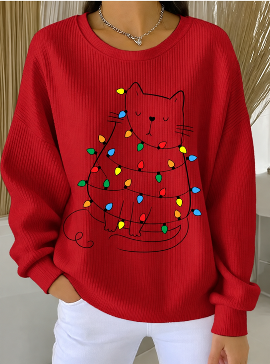 Casual Regular Fit Cat Crew Neck Sweatshirt
