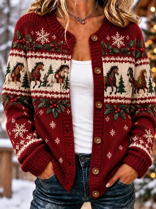 Vintage Round Neck Horse Snowflake Pattern Cardigan