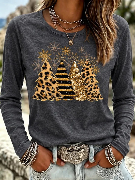 Leopard Christmas Tree Print T-Shirt
