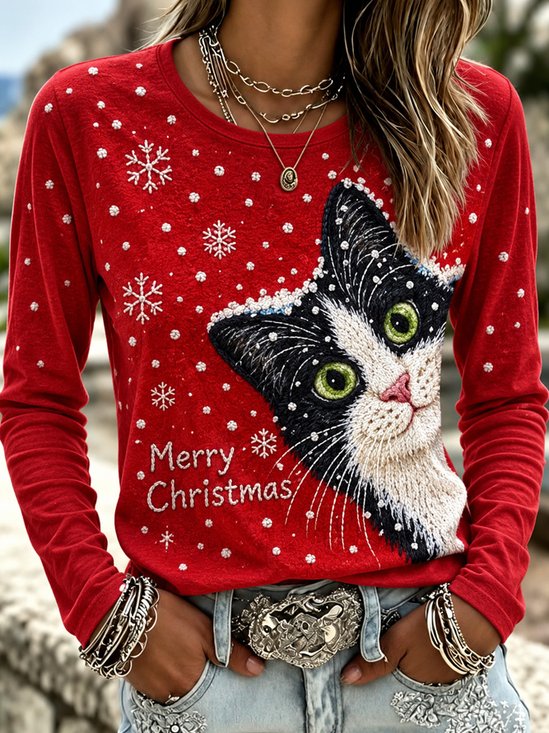 Women's Cozy Cat-Themed Casual T-Shirt