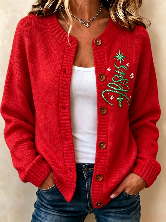Casual Christmas Tree Regular Fit Crew Neck Cardigan