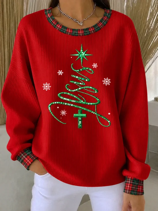 Casual Printing Loose Christmas Tree Sweatshirt